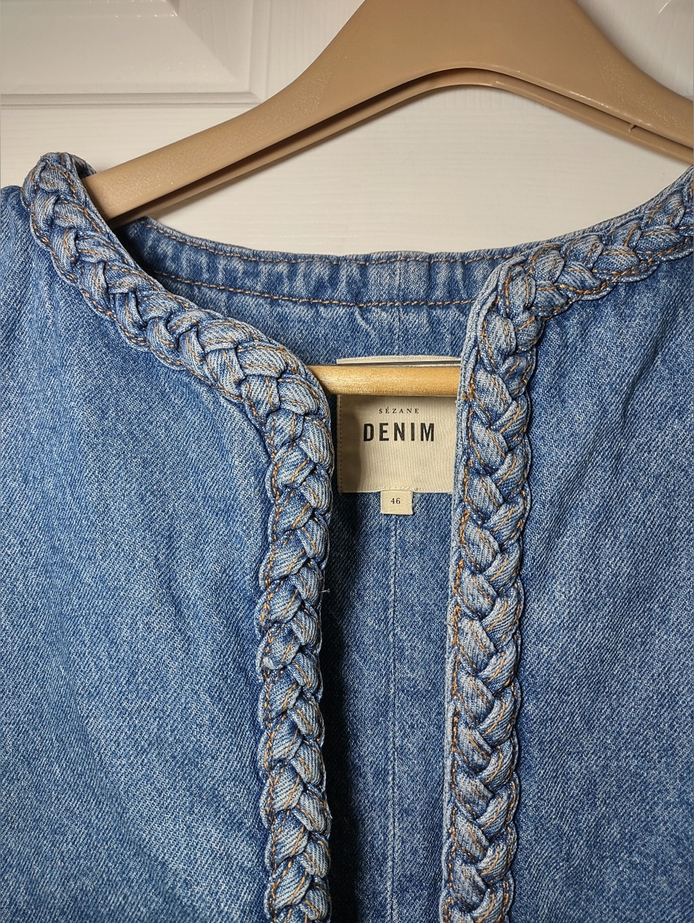 Sezane Cropped Braided Trim Denim Vest